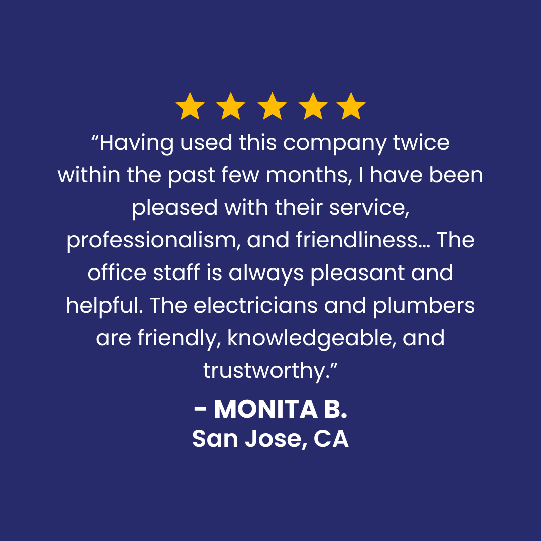 Customer testimonial quoting Monita B. of San Jose, CA, praising service, professionalism, and staff friendliness.