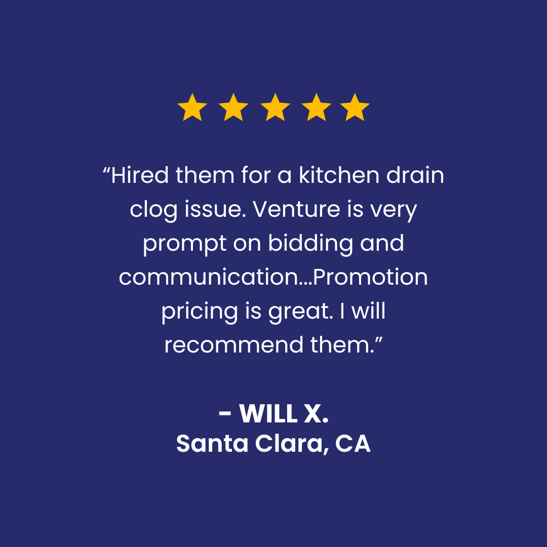 Customer testimonial for Venture Plumbing, with 5-star rating. Kate O. of San Jose, CA recommends them.