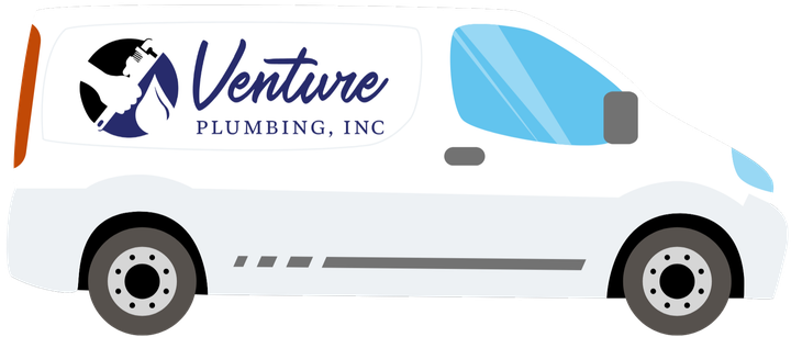 White plumbing van with logo that says