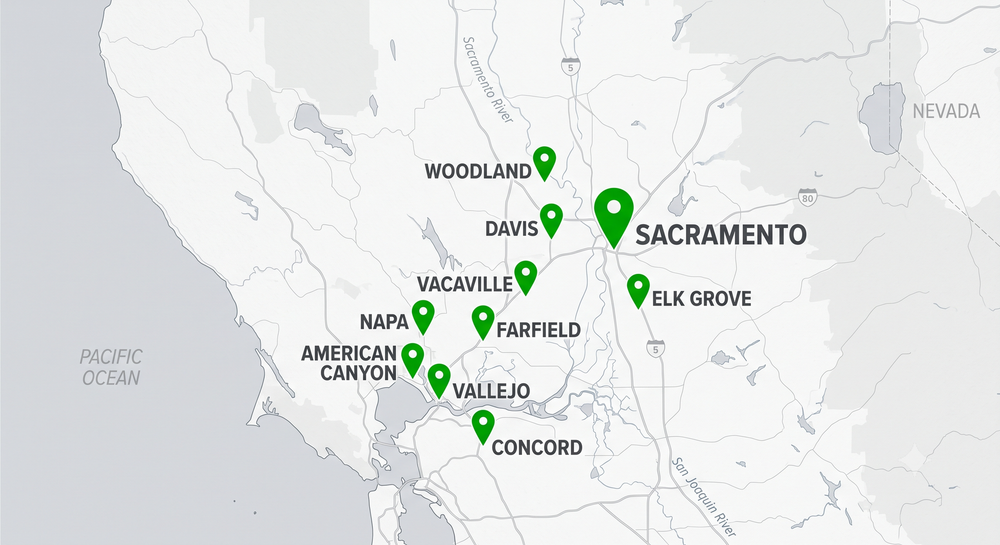 Map of Northern California with green location pins around Sacramento and nearby cities.