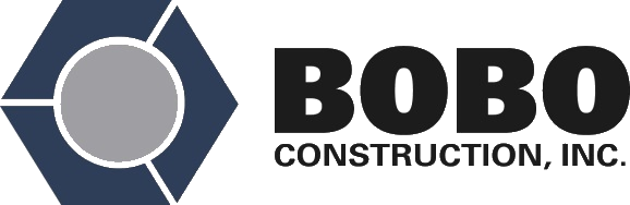 BOBO Construction, Inc. logo with navy geometric emblem and bold black text on white background