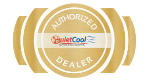 Gold “Authorized Dealer” badge with QuietCool logo in the center