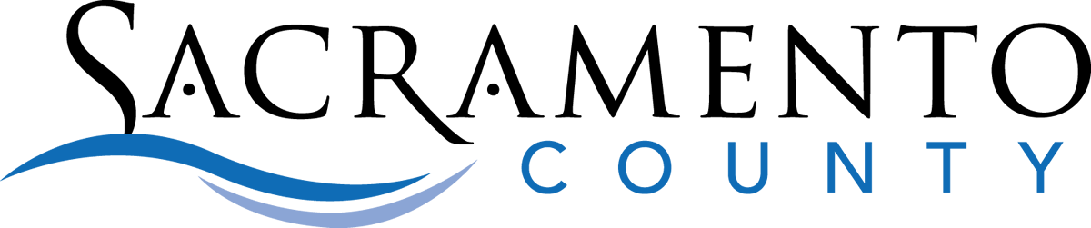 Sacramento County logo with black text and blue wave accents