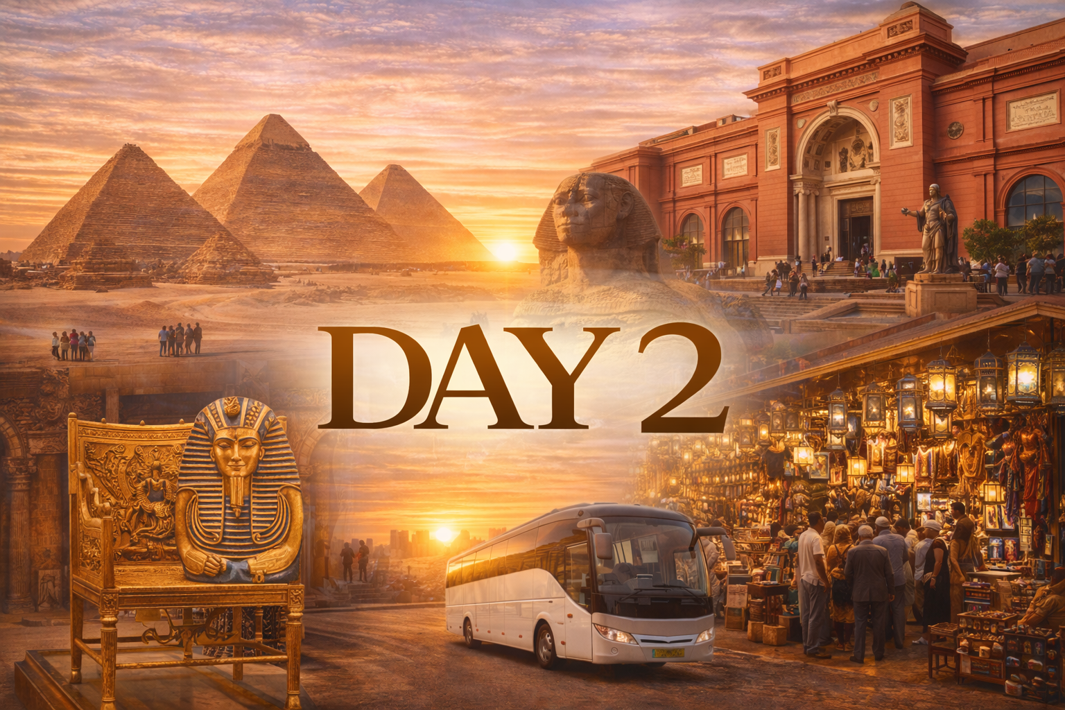 Egypt tour advertisement, featuring pyramids, museum, golden artifacts, bustling marketplace, and a tour bus;