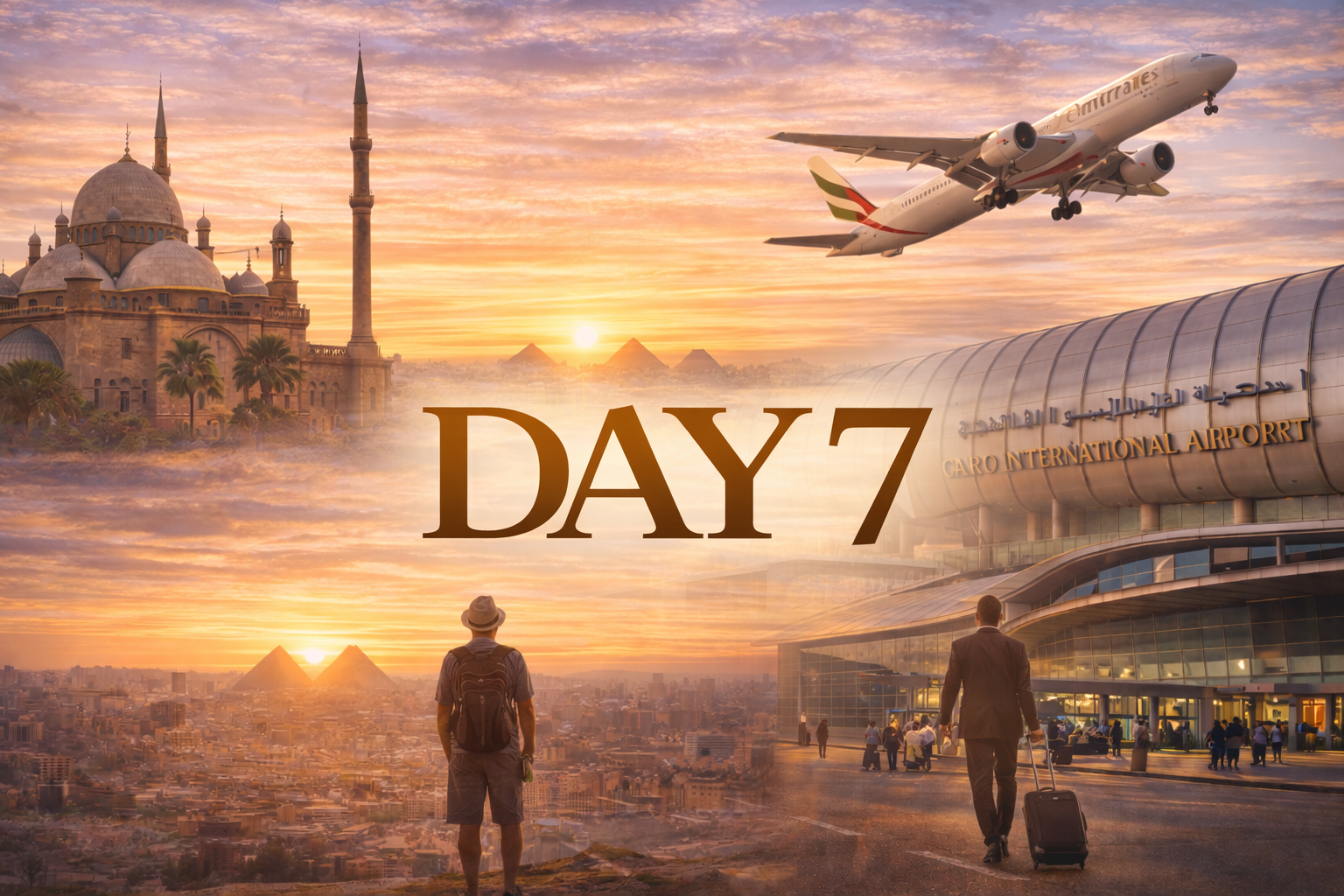 Sunset over Egypt: Plane, airport, pyramids, mosque, two people,
