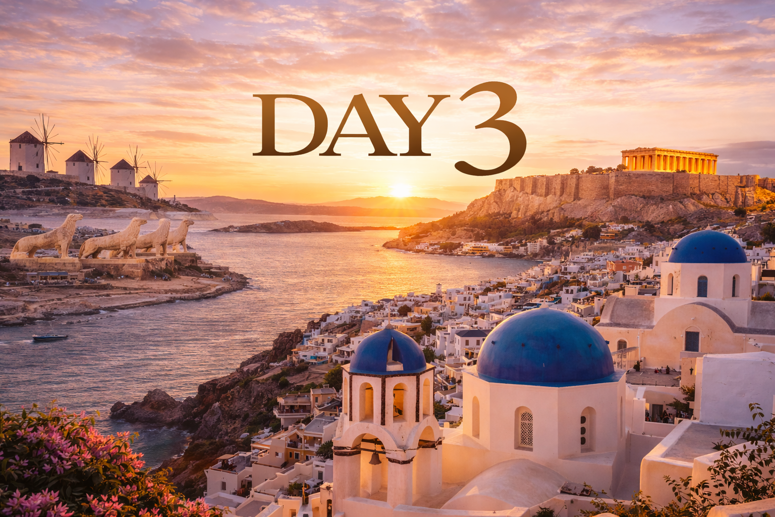Scenic view of Greek islands, white buildings with blue domes, windmill, and the Acropolis at sunset. Text