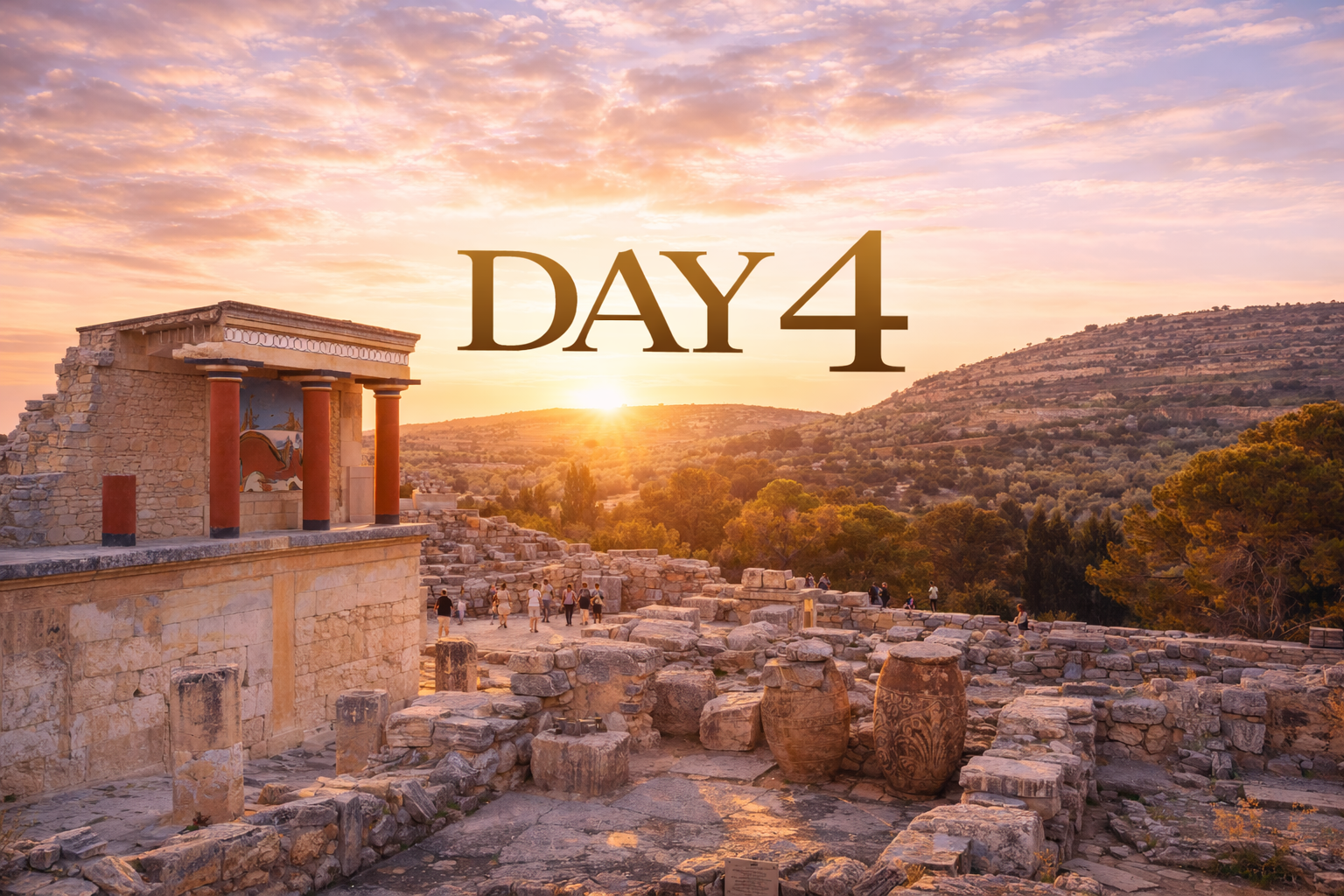 Ruins of Knossos palace with a sunset sky,