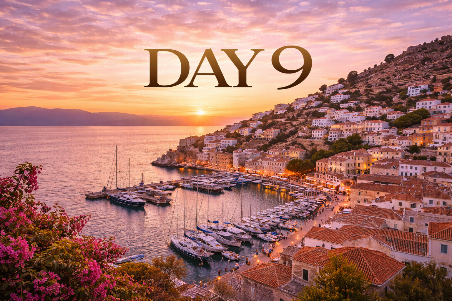 Day 9 over a harbor town at sunset. Boats docked, hillside buildings, pink flowers.