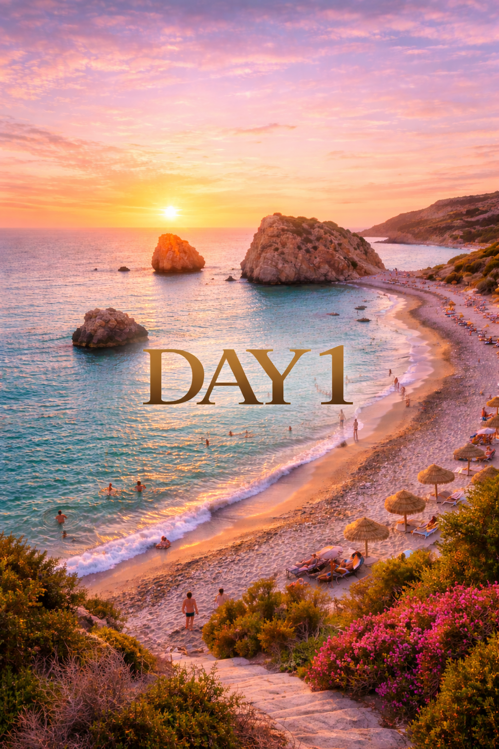 Beach at sunset, turquoise water, golden sand, large rocks, text