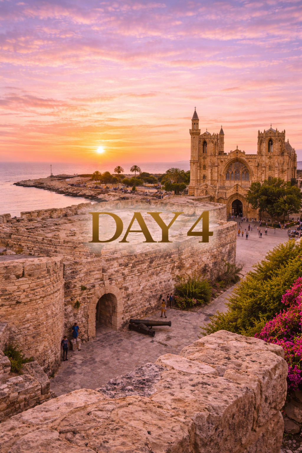 Sunset over ancient castle ruins with