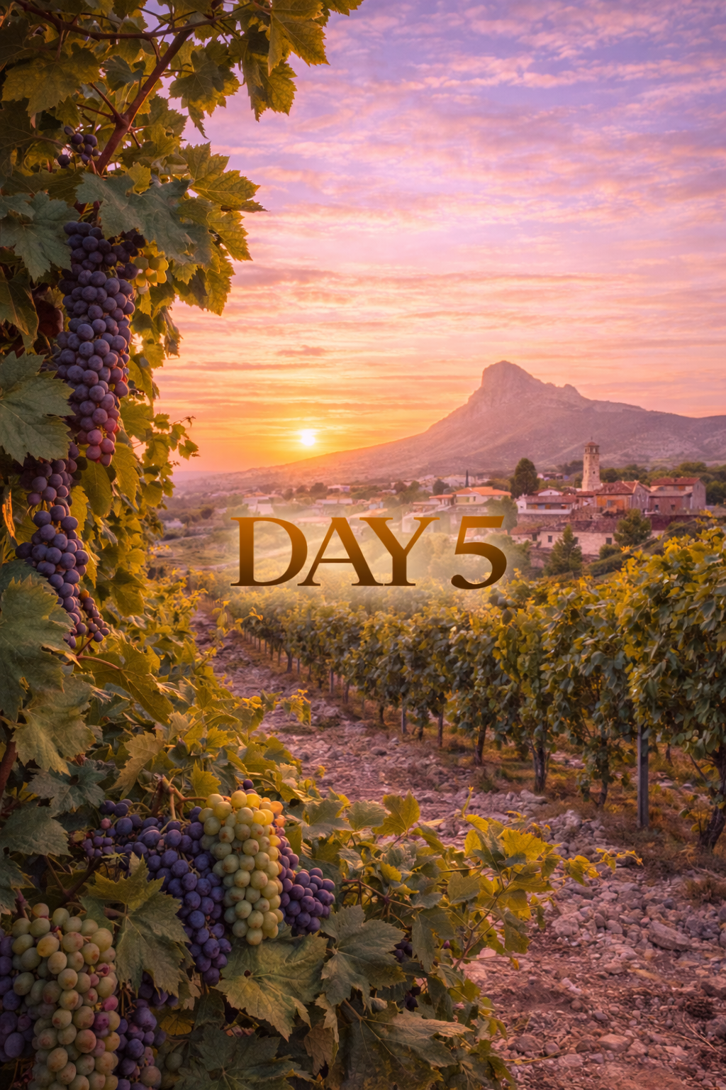 Vineyard at sunset with a mountain and town, with