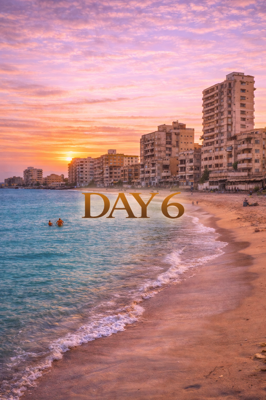 Beach scene at sunset. Turquoise water, golden sand, buildings on shore, and text