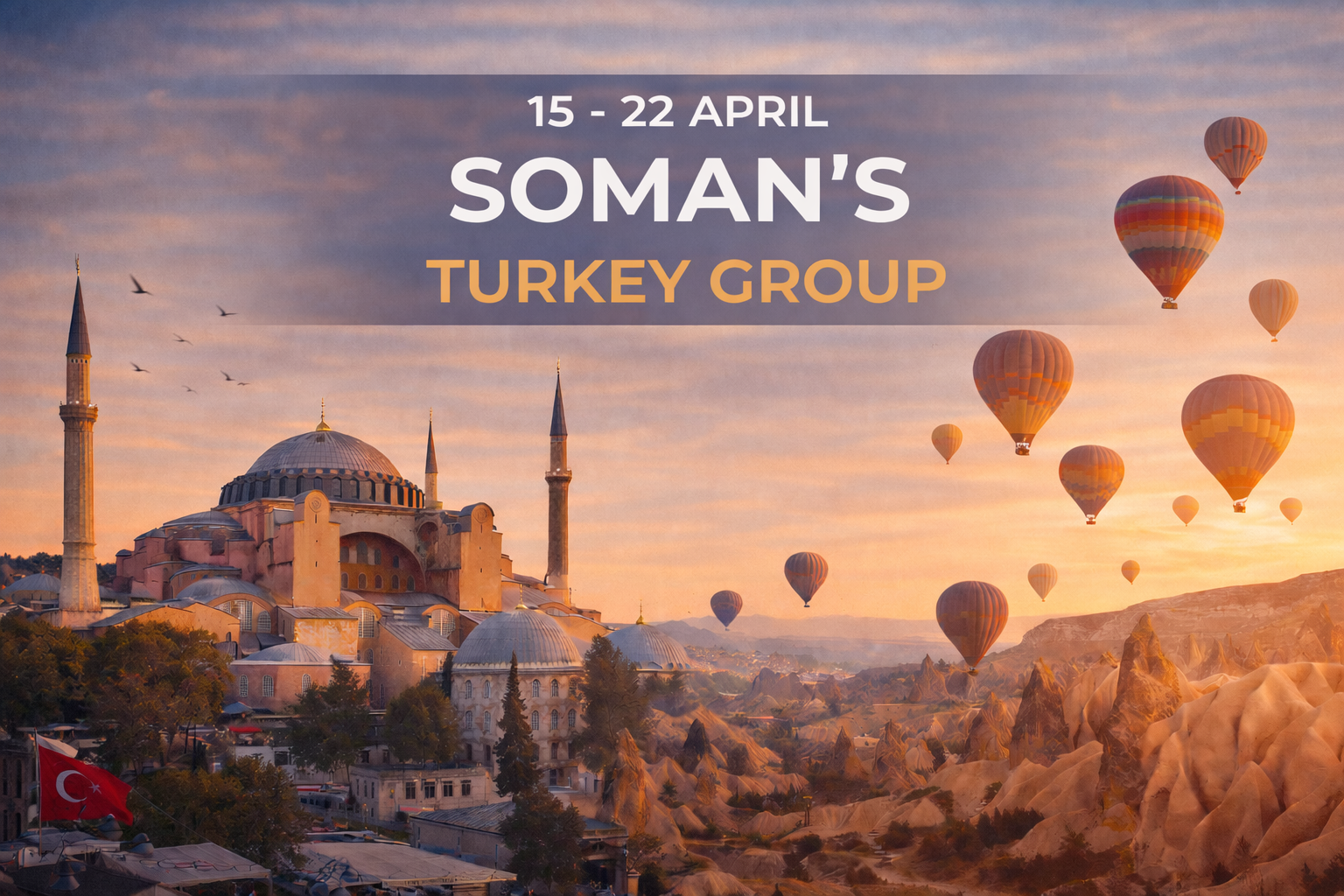 Hot air balloons over a Turkish landscape with a mosque and sunset. 