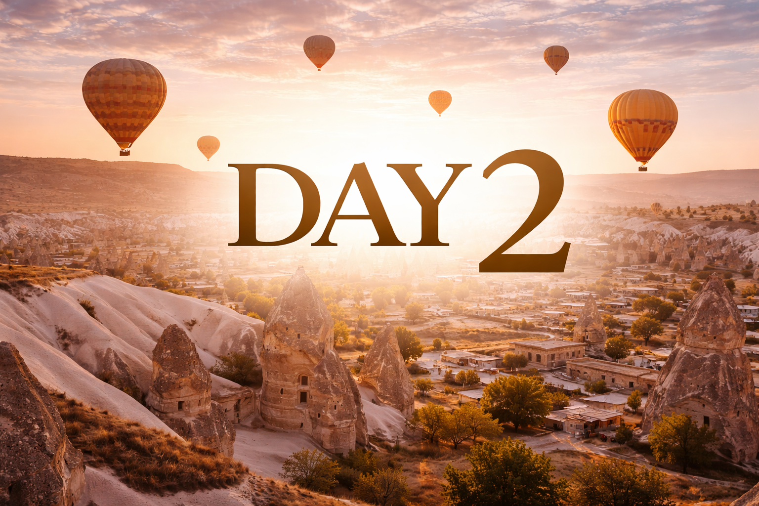 Hot air balloons over a valley at sunrise, 