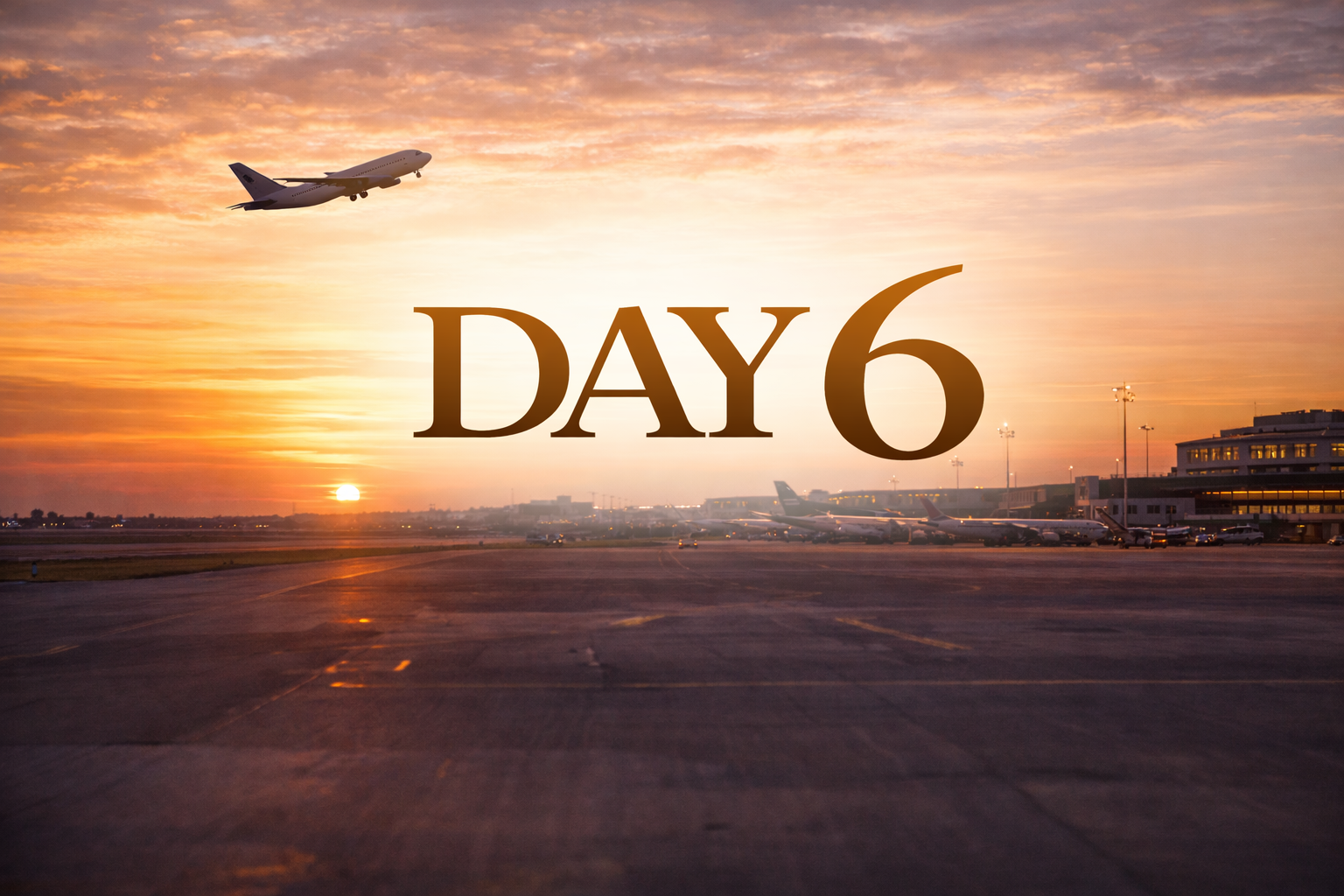 Airport at sunset with a plane taking off, text reads 