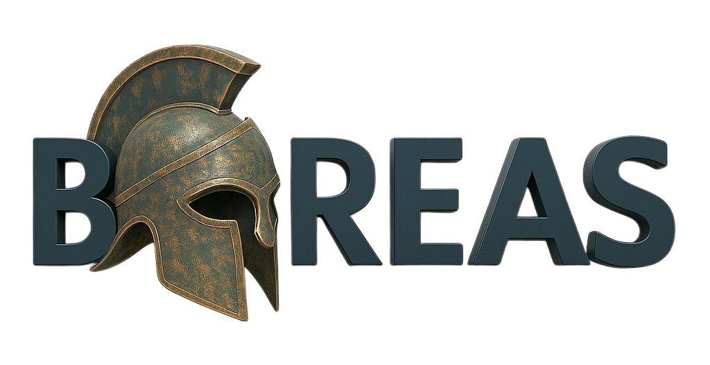 Boreas logo with text and a weathered bronze Spartan helmet.