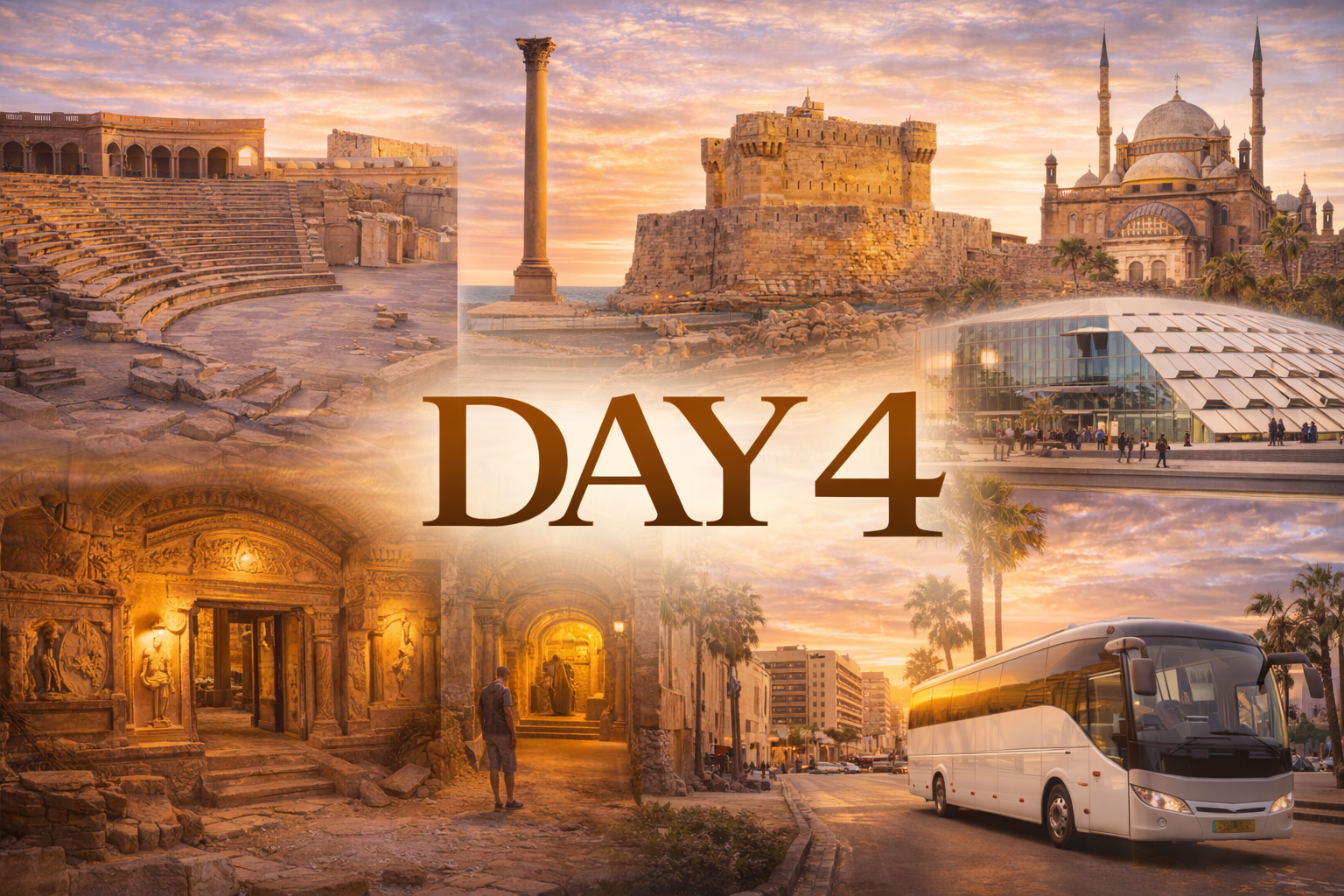 Day 4 tour of Egypt with historical landmarks and a bus. Sunset colors in sky.