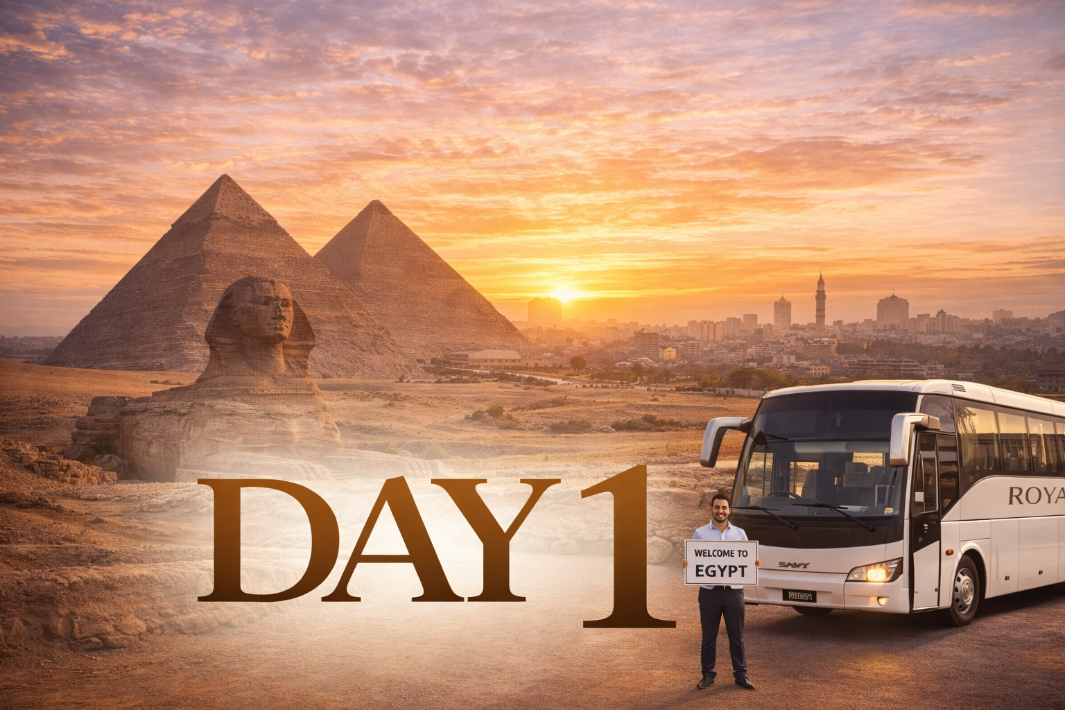 Day 1 Egypt tour: Sphinx, pyramids, bus, man holding a sign, sunrise over Giza.