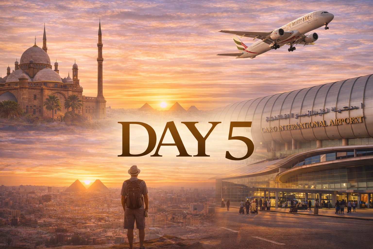 Composite scene: A traveler overlooking pyramids and airport at sunset, with an airplane and mosque visible;