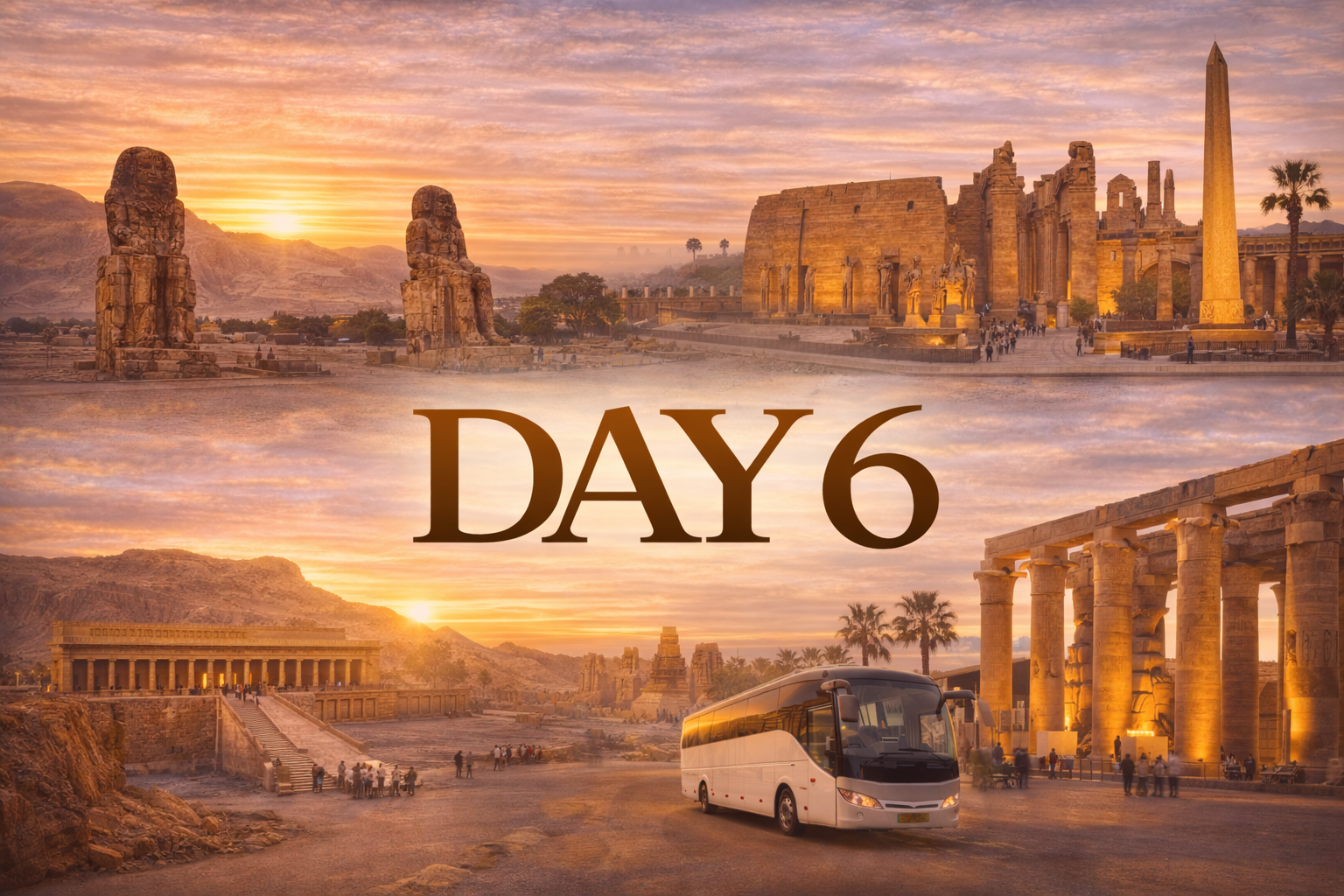 Day 6 tour of ancient Egyptian ruins, including statues, temples, and a bus, at sunset.