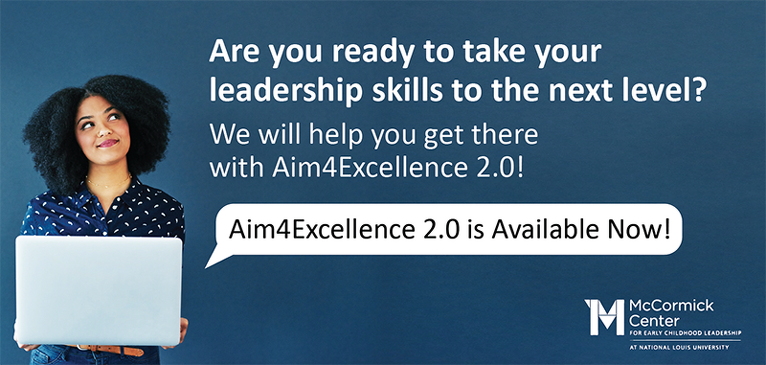 A woman is holding a laptop with a speech bubble that says aim4excellence 2.0 is available now.