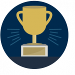 A trophy is sitting on a pedestal in a circle.