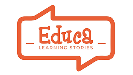 Orange speech bubble logo, “Educa LEARNING STORIES” in orange and white.
