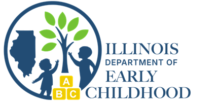 Illinois Department of Early Childhood logo with blue figures, green leaves, and yellow ABC blocks