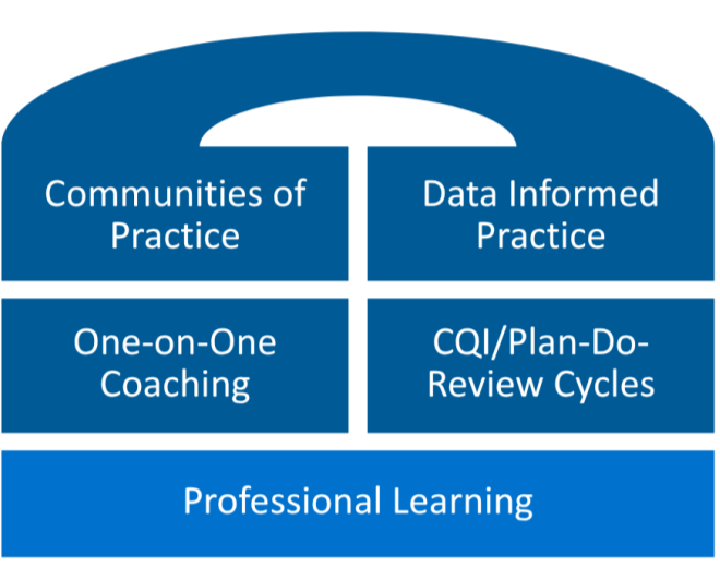 Blue graphic of professional learning with Communities of Practice, Data Informed Practice, One-on-One Coaching, and CQI cycles