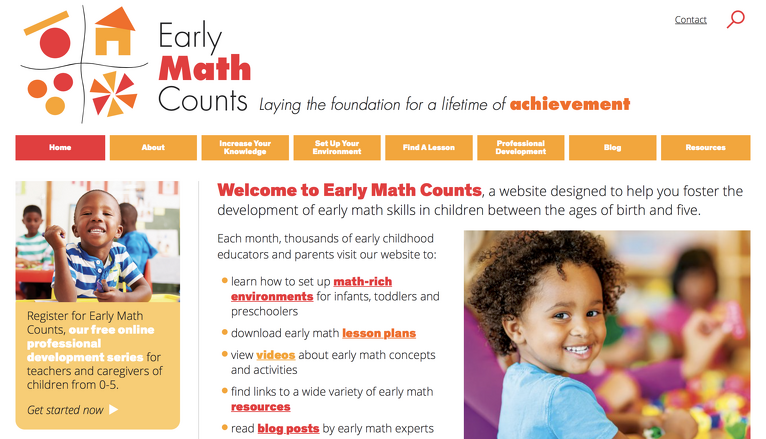 Website for early math education for children with logo and photos of kids.