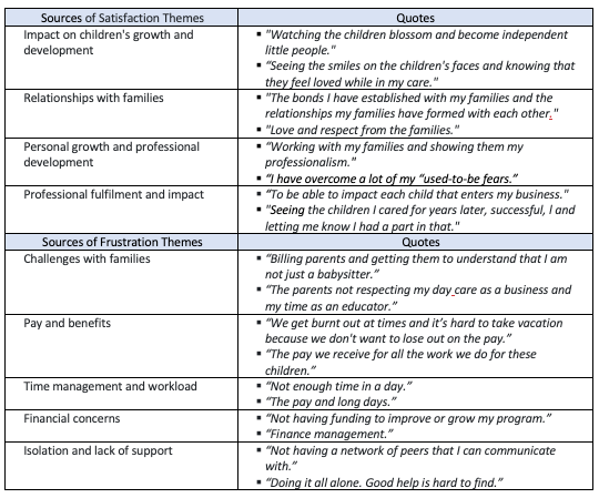 A table of sources of satisfaction themes and quotes