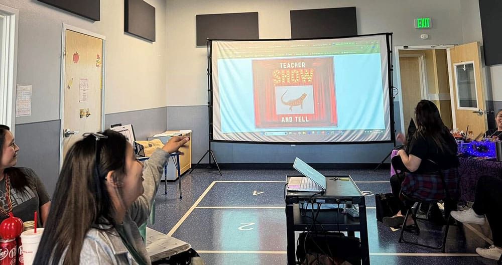Audience watching a presentation projected on a screen in a classroom or lecture room.