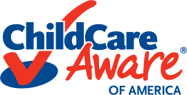 ChildCare Aware of America logo: Blue and red text with a checkmark.