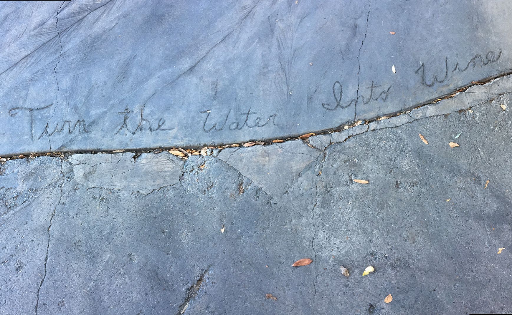 Cracked blue pavement with faint chalk writing and scattered leaves