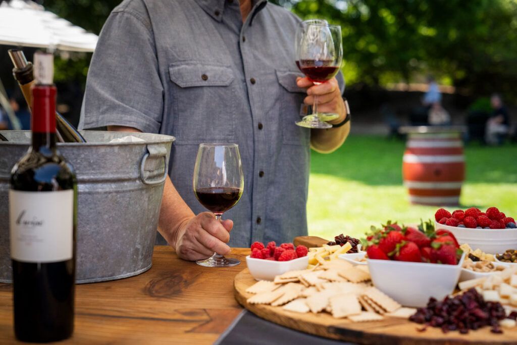 Wine tasting table with red wine, cheese, strawberries, and grapes outdoors