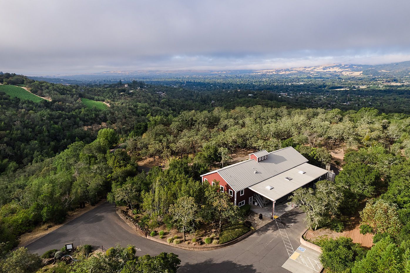 Aerial view of a house with a red roof surrounded by dense green forest and hills.