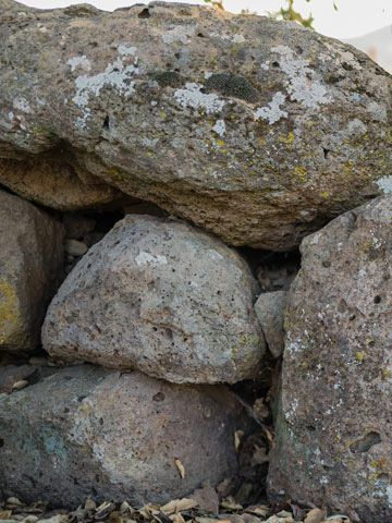 Stacked gray boulders forming a small stone wall