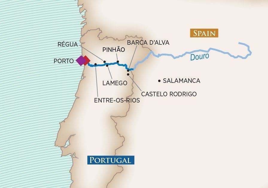 Map of the Portugal–Spain border near Porto and the Douro River, with towns marked in blue and red.