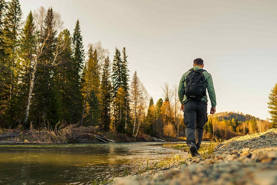 Person hiking along a peaceful forest trail symbolizing reflection, healing, and comfort during grief journeys.
