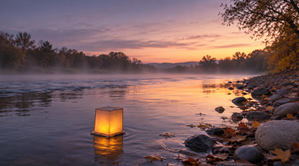 Glowing lantern floating on calm river at sunset with peaceful autumn landscape, cremation services Novato, CA