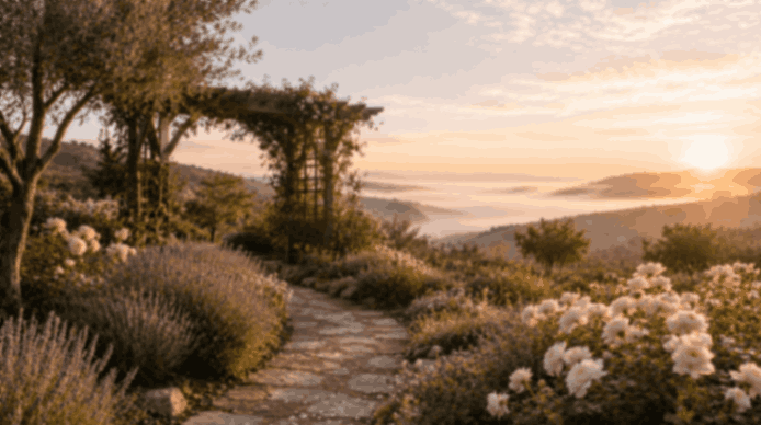 Stone garden path surrounded by blooming flowers overlooking rolling hills at sunset in Novato, CA