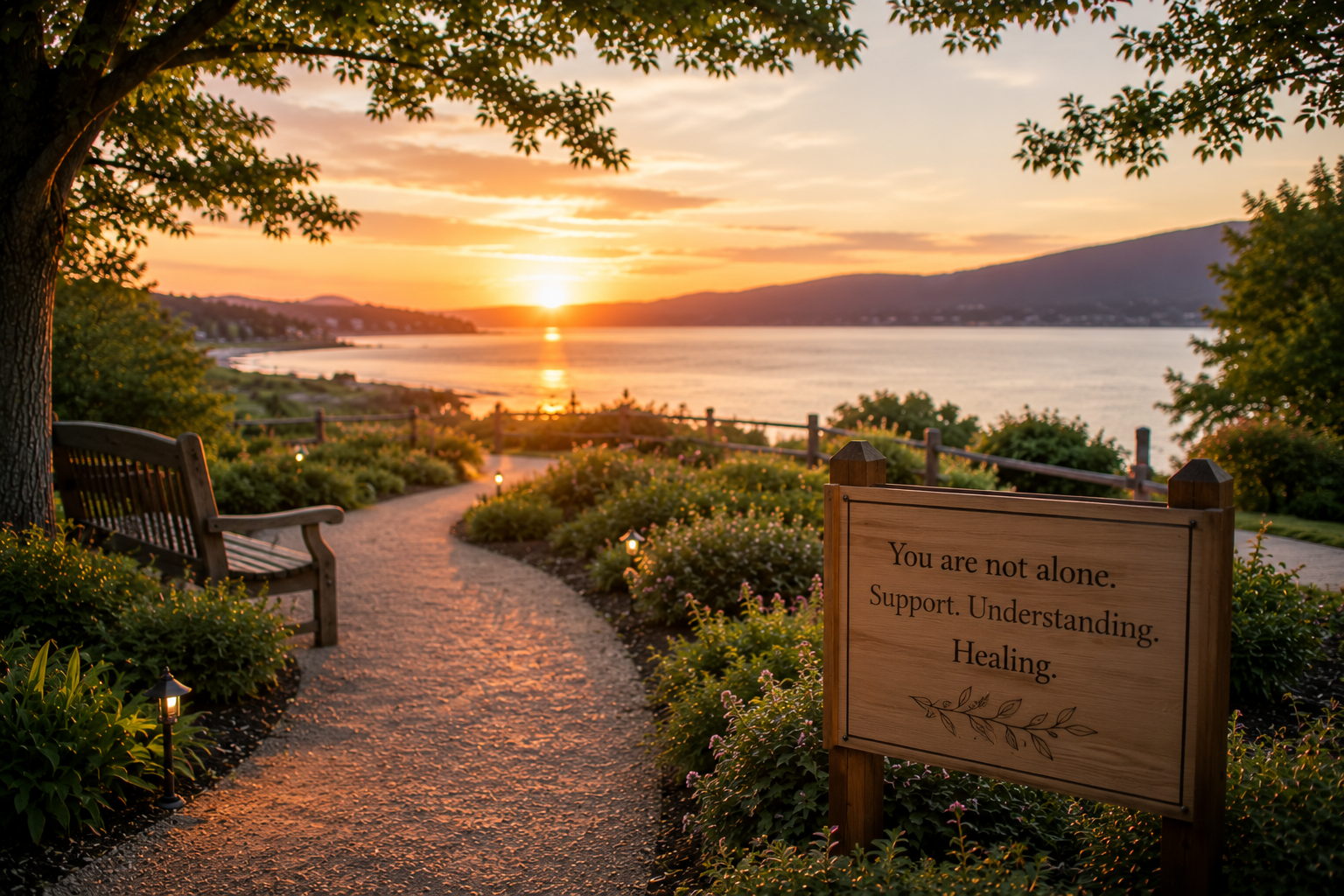 Sunset garden path with bench and support sign for cremation services in Novato, CA.