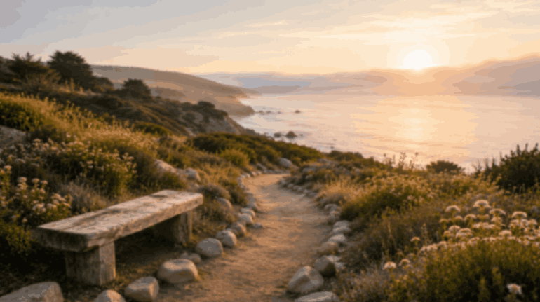Coastal walking path with wooden bench overlooking the ocean at sunset in Petaluma, CA