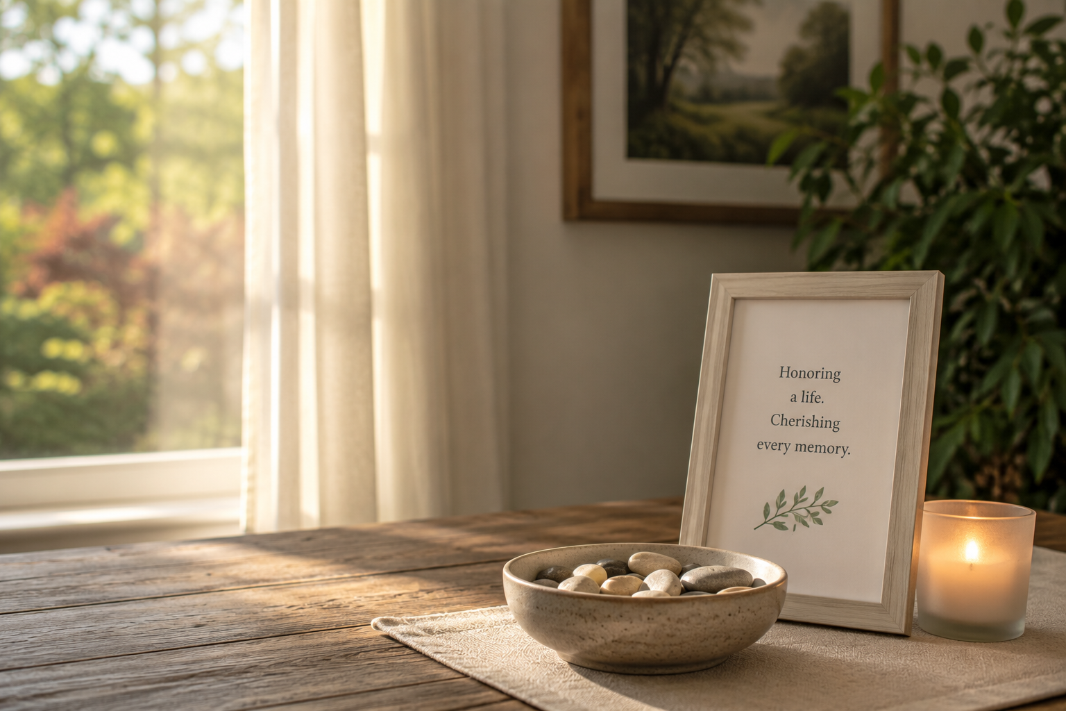 Peaceful memorial display with remembrance keepsakes for cremation services in Petaluma, CA