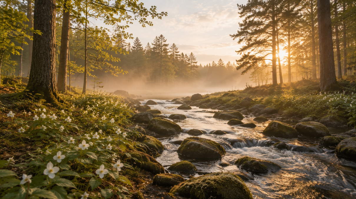 Peaceful forest stream with moss-covered rocks, soft morning mist, cremation services Santa Rosa, CA