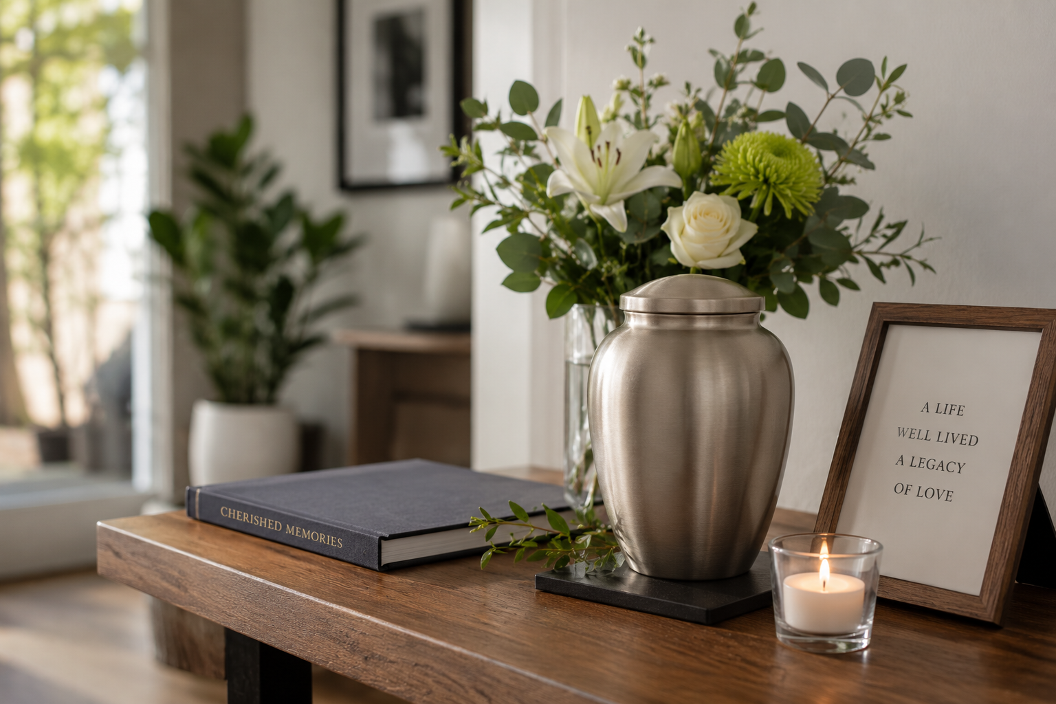 Memorial urn with flowers, honoring loved ones through cremation services in Santa Rosa, CA