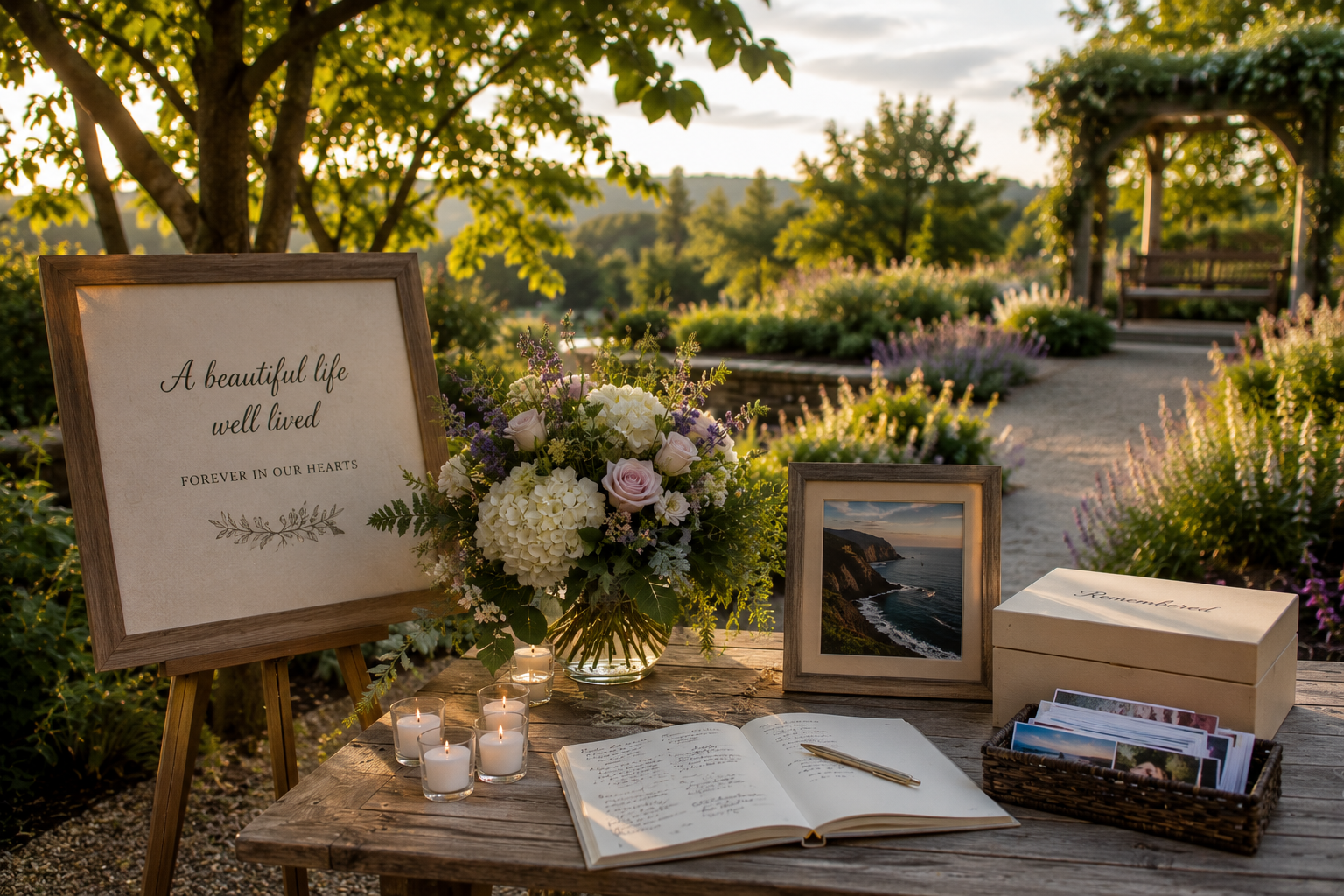Memorial display with guest book, and keepsakes for cremation services in Santa Rosa, CA.