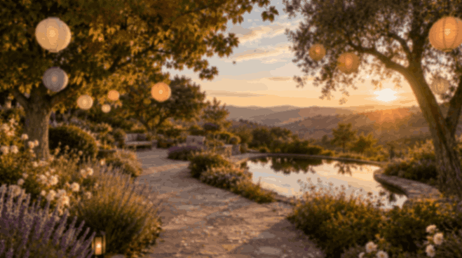 Garden pathway beside a reflecting pond with glowing lanterns at sunset in Novato, CA