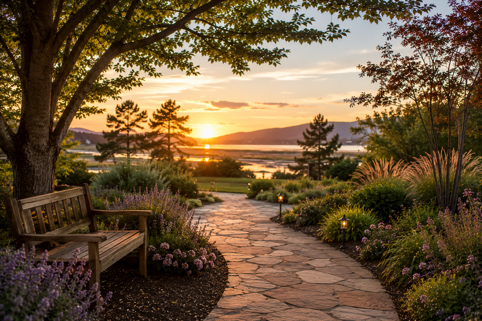 Peaceful garden path with bench overlooking sunset for funeral homes in Novato, CA.