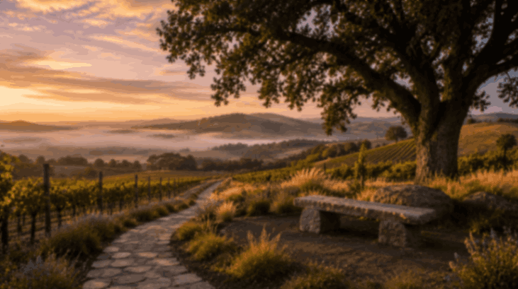 Sunlit vineyard landscape with winding stone path and bench beneath a large oak tree in Petaluma, CA